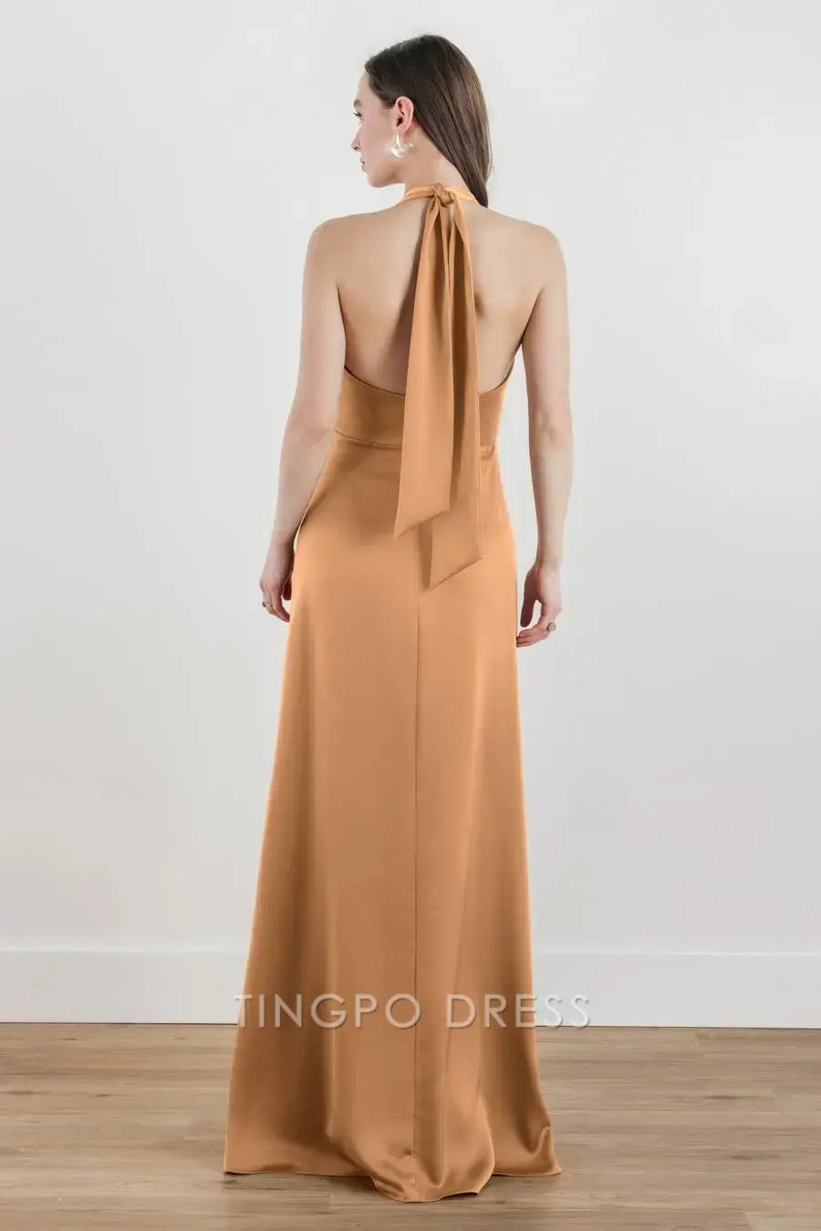 TingPo Wholesale Elegant Caramel Satin Halter Cowl Neck Dress - Elegant Formal Gown